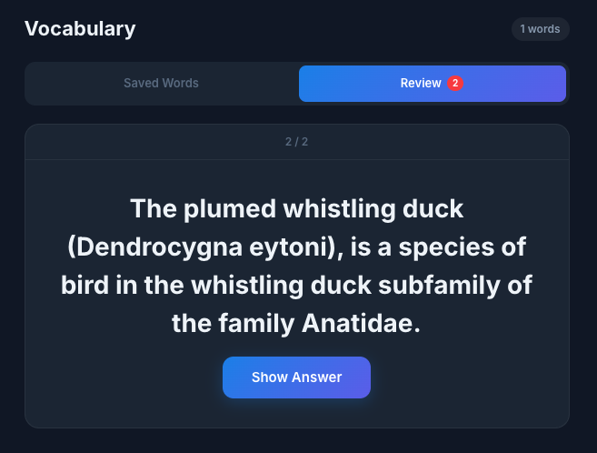 Flashcard showing saved vocabulary prompt